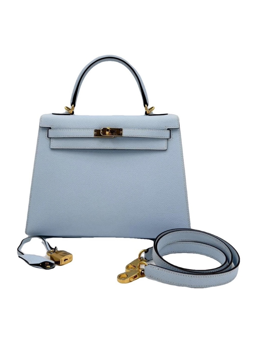 Hermes 25 Light Blue Structured Top-Handle Satchel with Gold Hardware